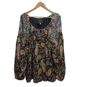 Johnny Was Women's XL Black Floral Paisley Viscose Blouse Tie Neck Smocked Cuff